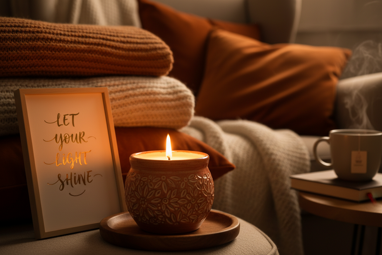 bouge allume avec une citation sur le pot. dans une ambiance cosy