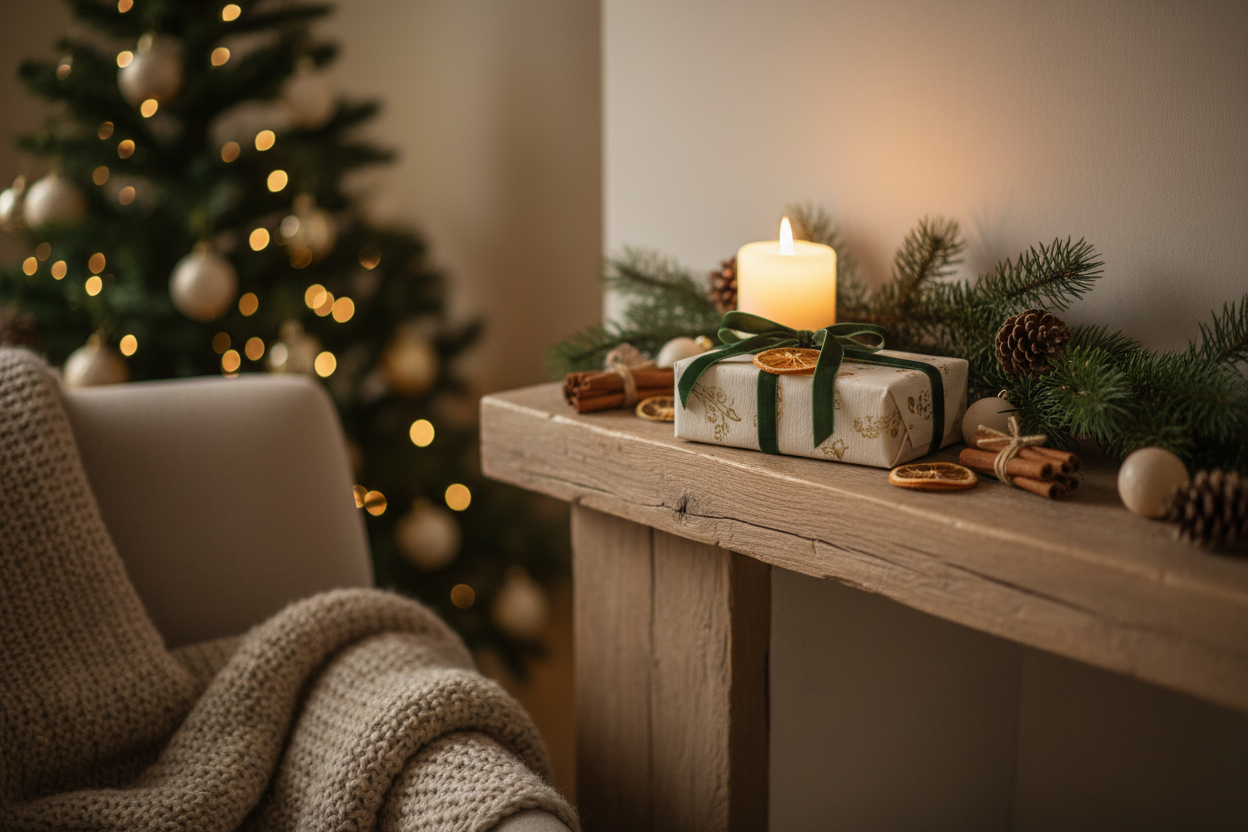 Image de noel cosy, avec une bougie comme cadeaux discret. noel dans une maison cosy